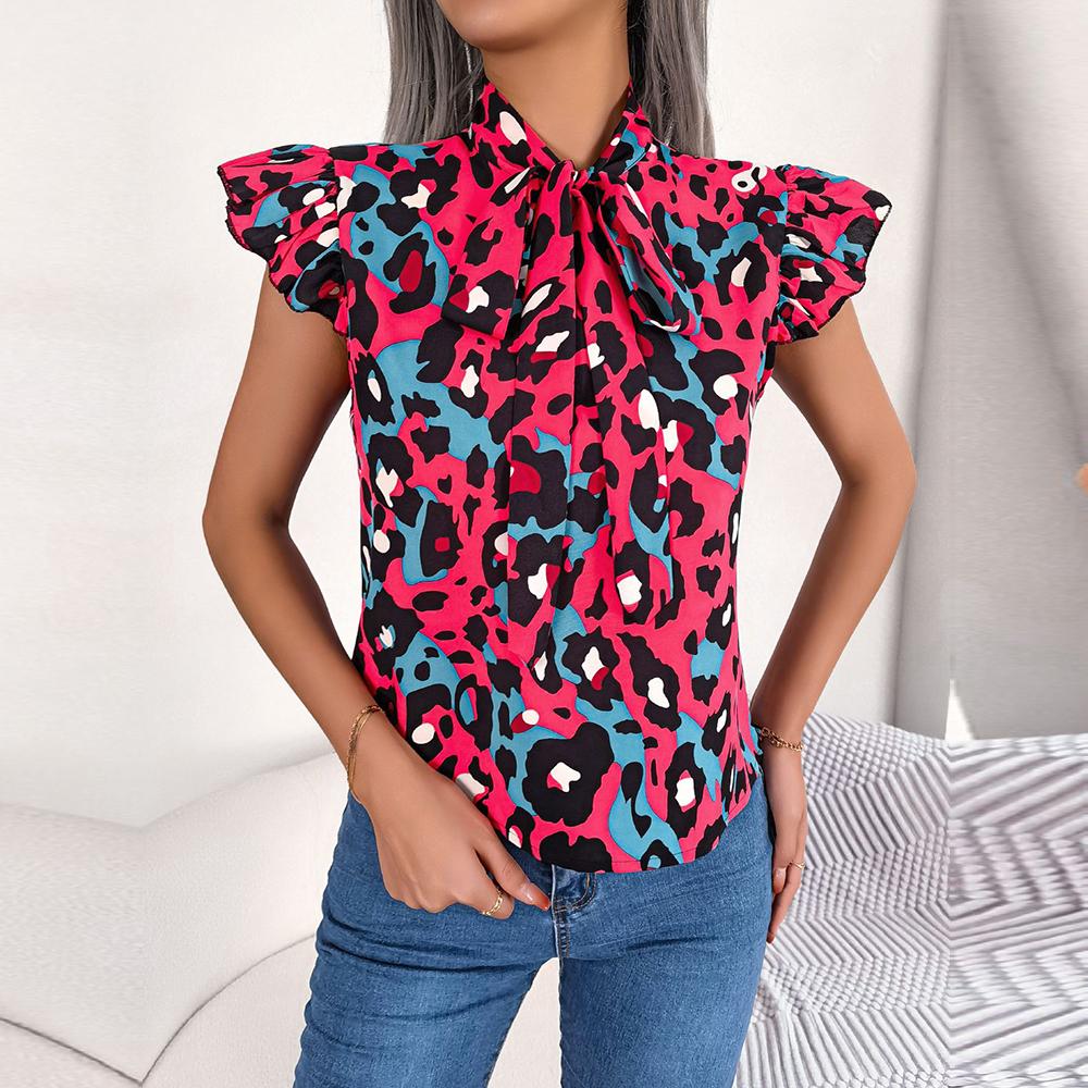 Damen-Bluse für Frühling und Sommer, Freizeit, Leopardenmuster, Holzohren, Schnürung, Chiffon-Oberteil, Schleife, fliegende Ärmel