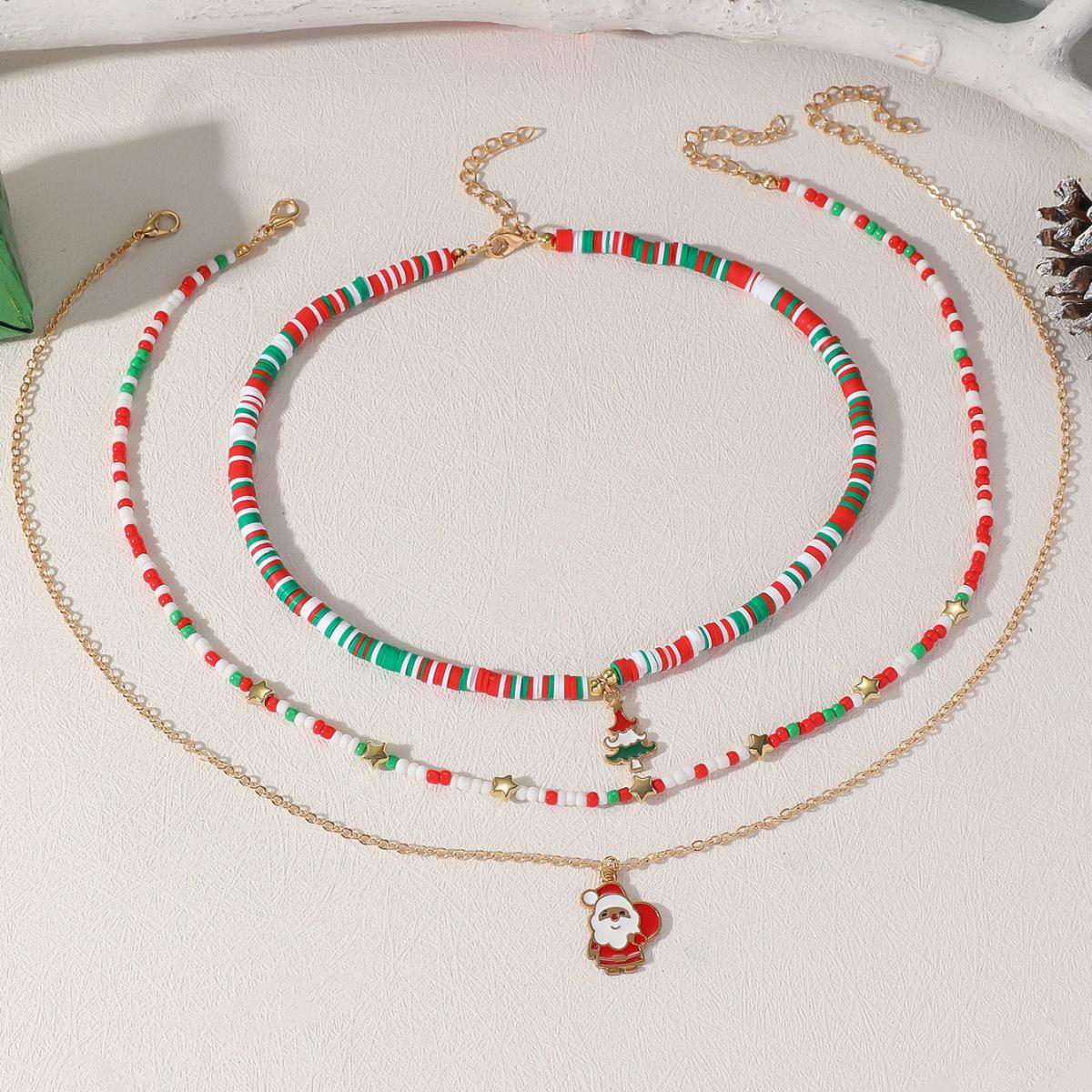 

European & American Christmas Festival Polymer Clay Necklace - Creative Santa Claus & Christmas Tree Design, Clavicle Chain, Unique Holiday Style.