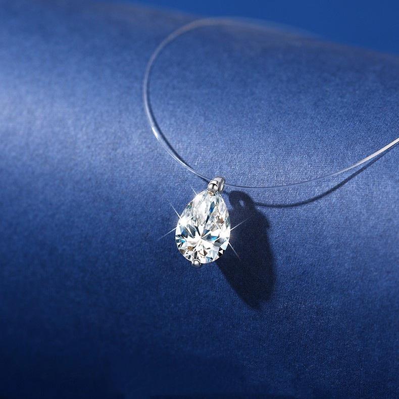 S925 Sterling Silver Invisible Clavicle Necklace with Elegant Mermaid's Tear Crystal Pendant.