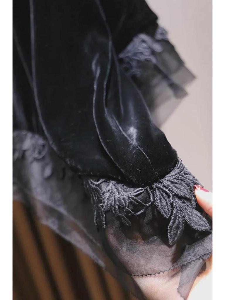 Elegant Silk Velvet Floral Embroidered Lace Top