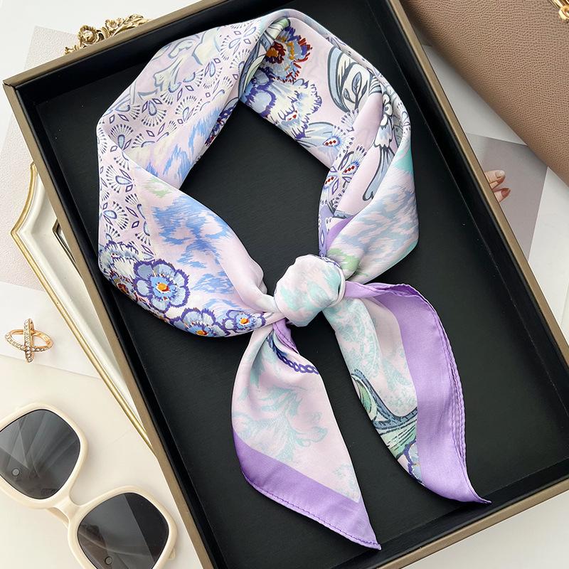 

Flower Print 70*70cm Square Scarfs for Women Fashion Hijab Female Headband Soft Satin Neckerchief Foulard Bandana Neck Ties