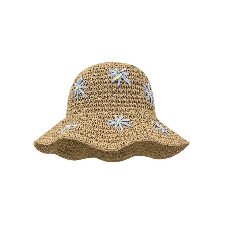 Summer Crochet Straw Hat For Women Sweet Flower Embroidered Bucket Foldable UV Protection Beach Panama Sunshade Caps