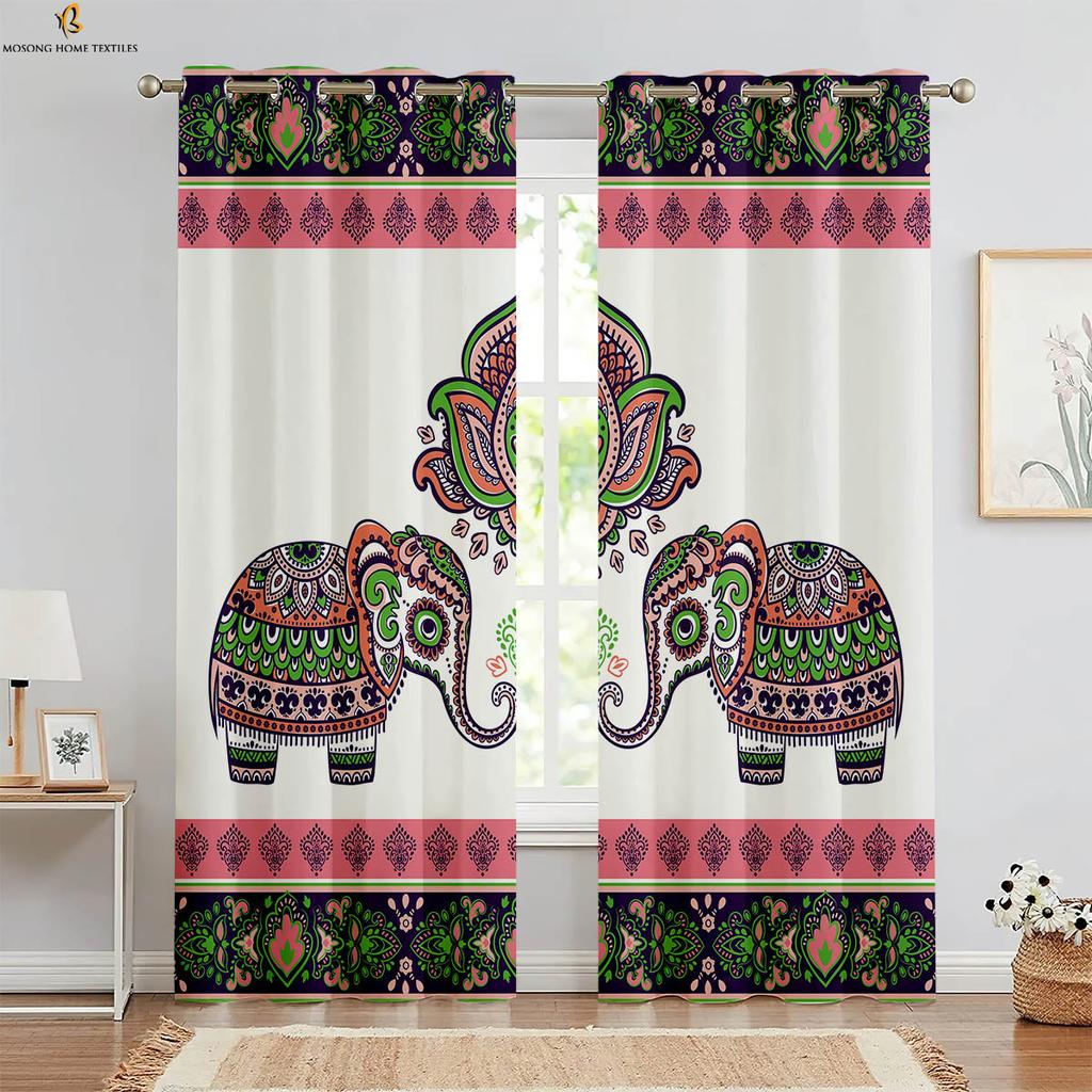 Set Of 2 European Retro Elephant Pattern Printed Curtains Polyester Bedroom Living Room Kitchen Curtain Machine Washable Ideal For Great