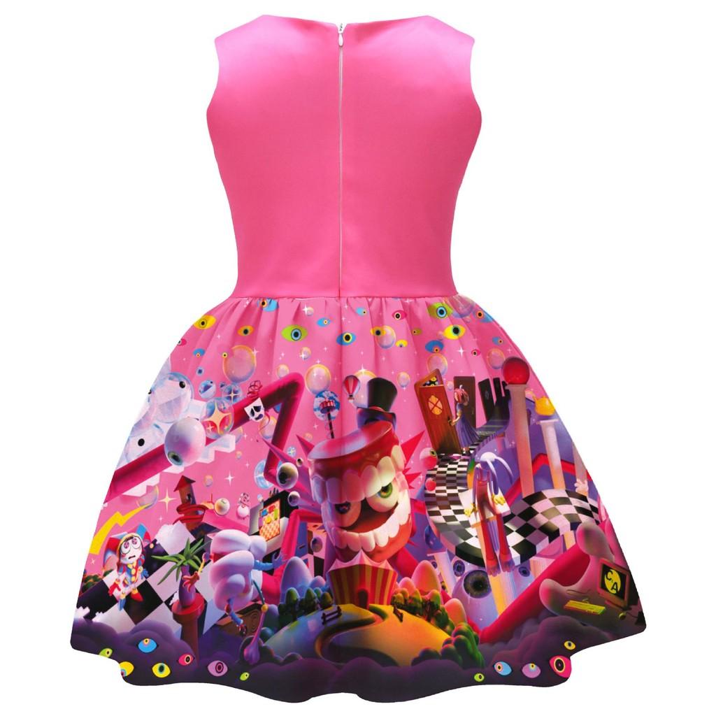 94262 Kids Girls Anime Cartoon The Amazing Digital Circus Printed Bow Sleeveless Dress