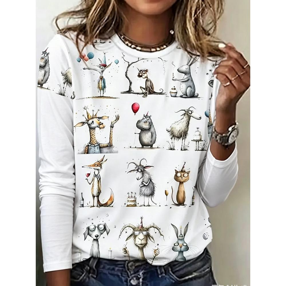 Cartoon Animal Portrait Printed T-shirt Women Loose Large Round Neck Casual Top Fashionable Versatile Leisure 3D Long Sleeved T-shirt
