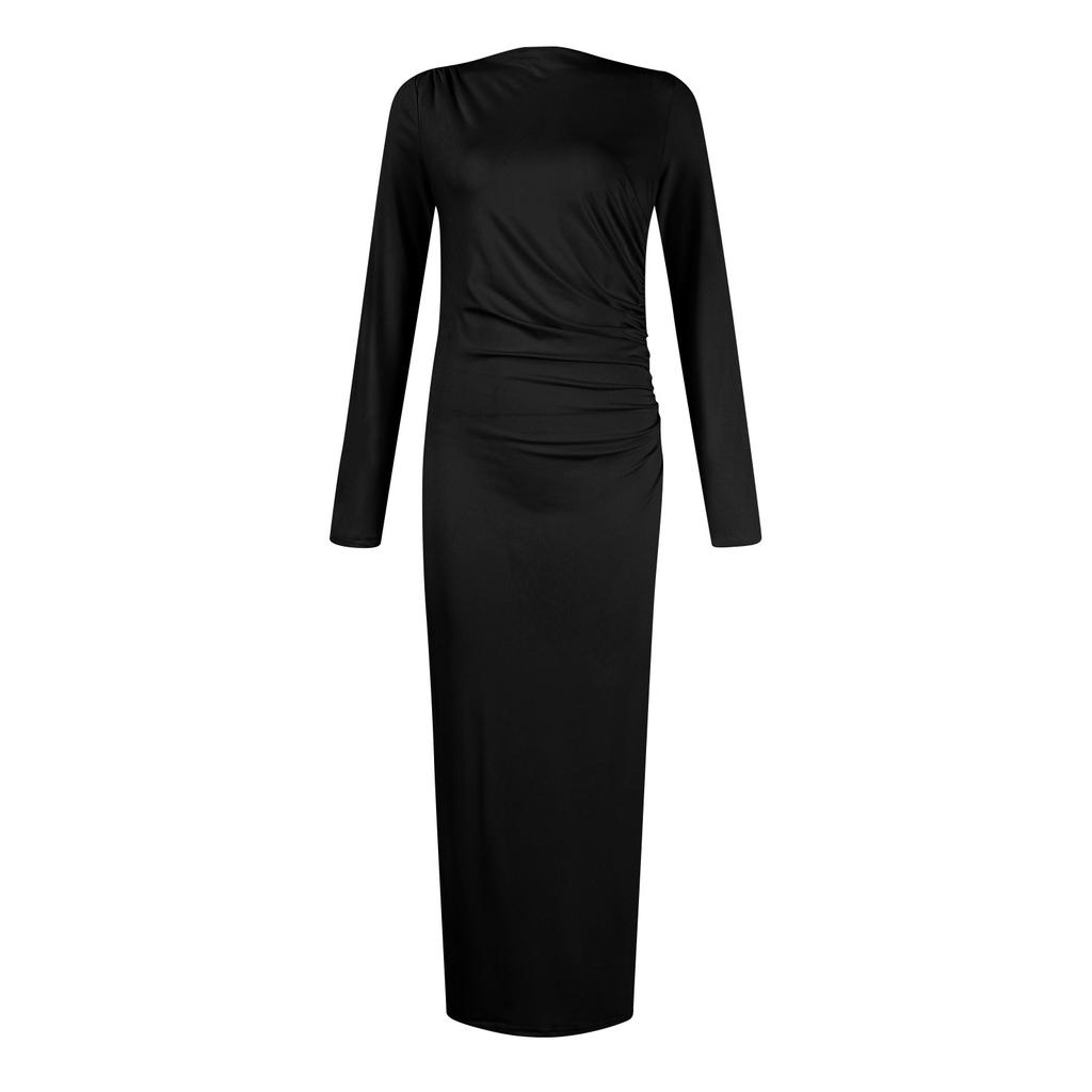 Women's Fall Long Sleeve Bodycon Maxi Dresses Sexy Ruched Neck Slim Fit Cocktail Party Dress
