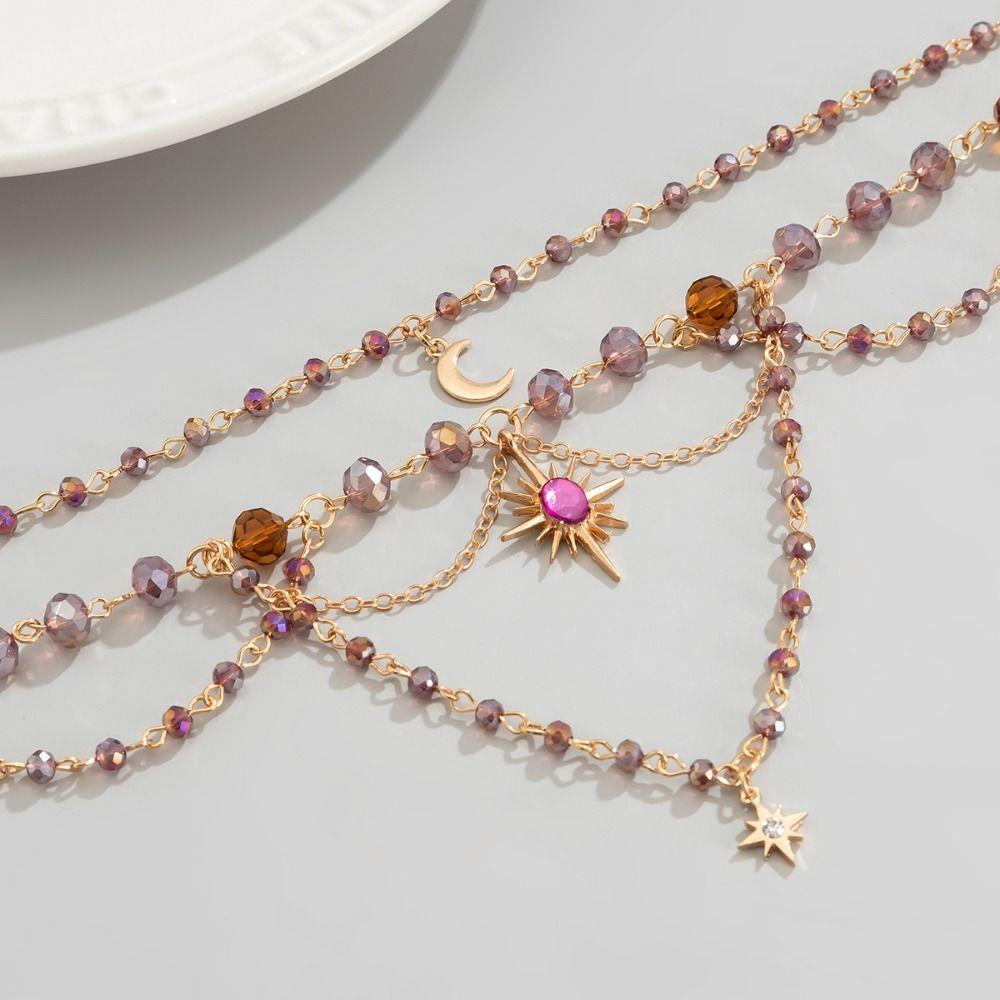 Sun Crystal Beads Necklace Star Women's Jewelry Creative Moon Tassel Pendant Choker Daily Wear