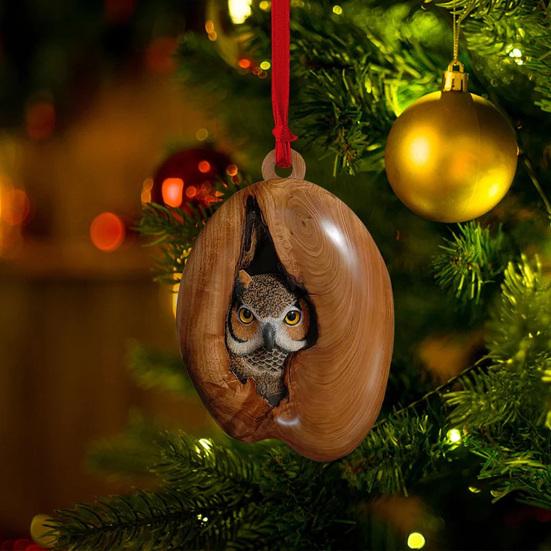 5Pcs Christmas Animal Ornaments 2D Acrylic Cute Wildlife Pendant Raccoon Owl Squirrel Hedgehog Bird Tree Hole Wood Texture Hanging Decorations