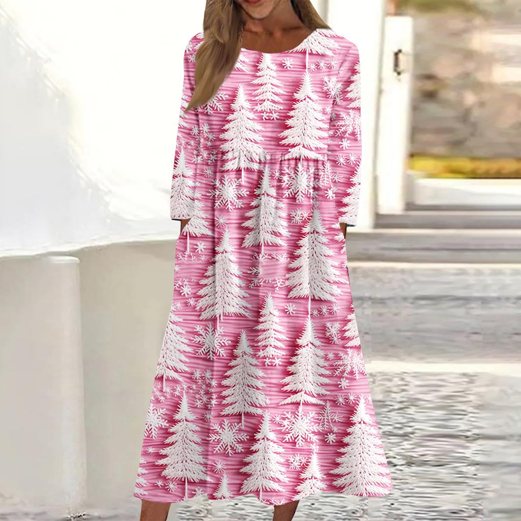 Women's Casual Round Neck Christmas Print Midi Dress Long Sleeve Pocket Dress