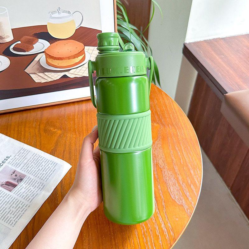 Simple Large-Capacity Thermos Cup for Students, Portable with Handle, Dual Drinking Cup, High-Looking, Unisex Fitness Straw Water Bottle