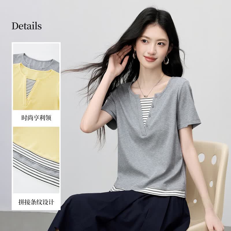 Women s Striped Henley Faux Two-Piece T-Shirt M