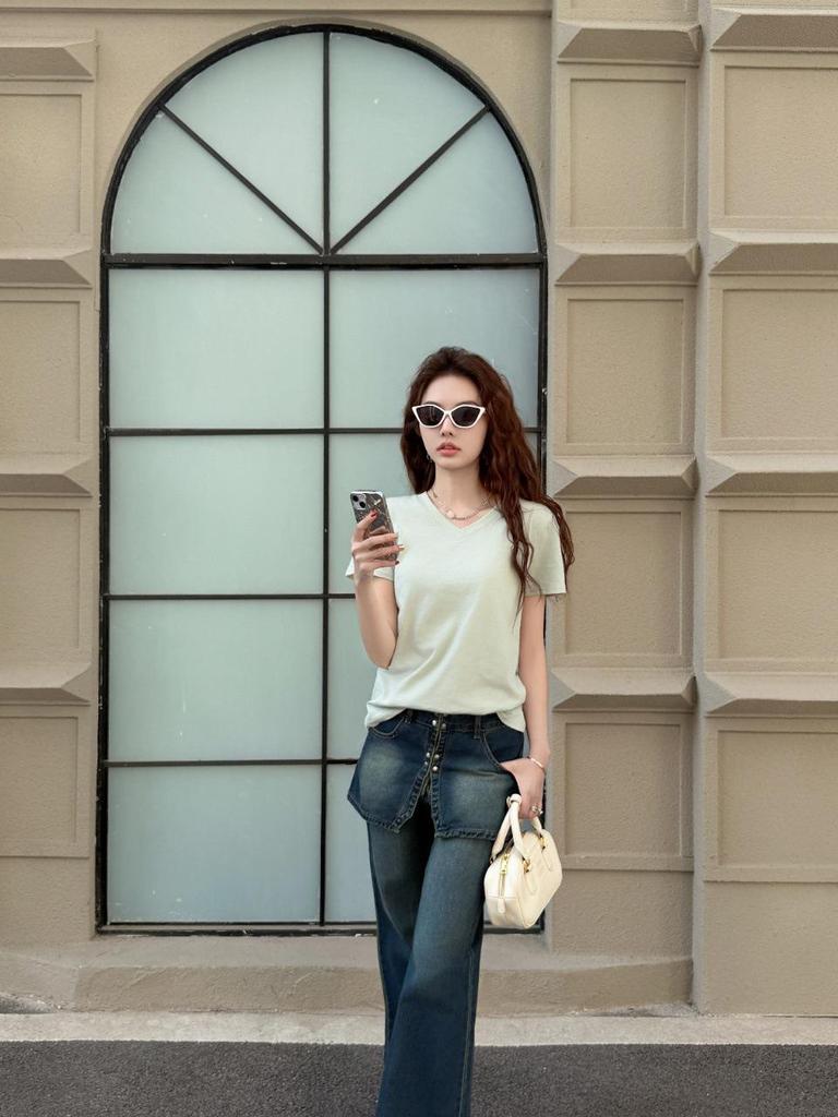 Kadın Slim Fit V Yaka Bambu Pamuk Kısa Kollu Yazlık Üst