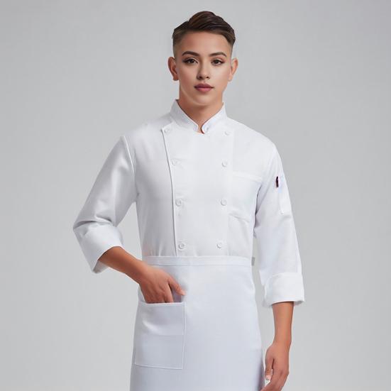 Unisex-Kochuniform mit Brusttasche, Stehkragen, langärmelig, zweireihig, Kochhemd