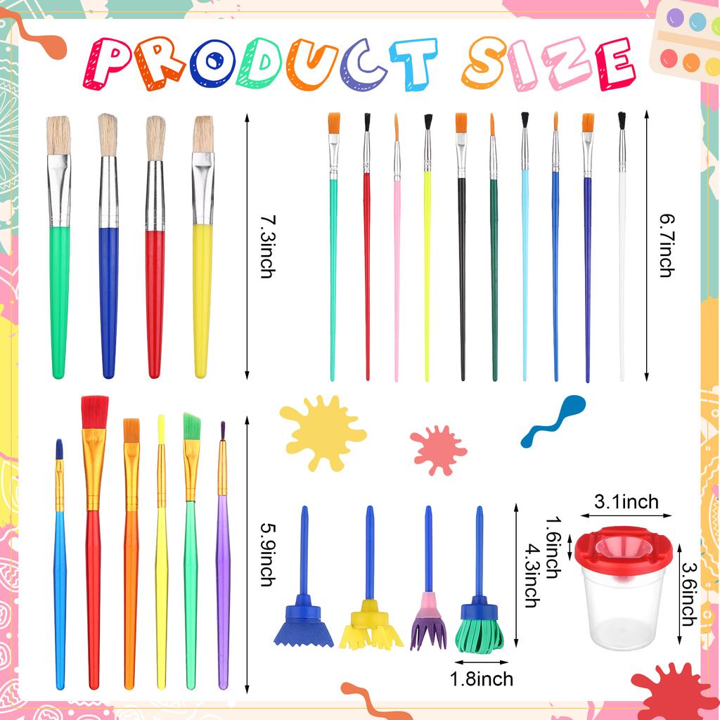 34Pcs Kids Painting Brushes Set Spill-Proof Paint Cups With Lid Paint Brushes Palette Tray Brush Ideal For Watercolour School Pr