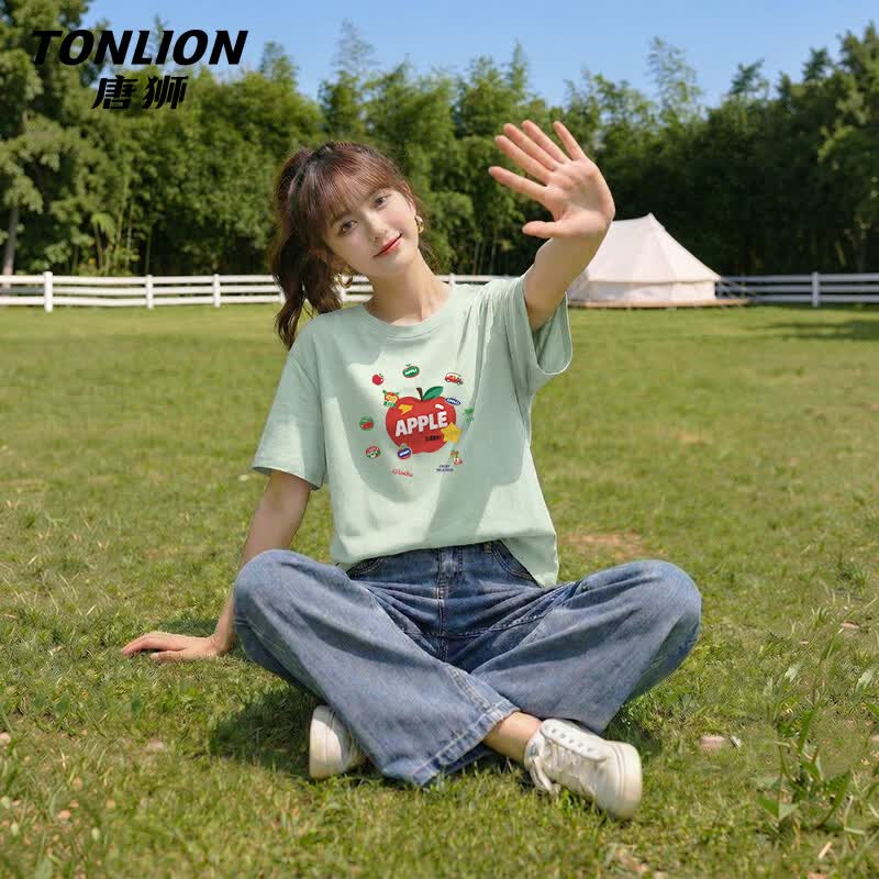 TonLion Women s Heavyweight Pure Cotton T-Shirt with Apple Label S