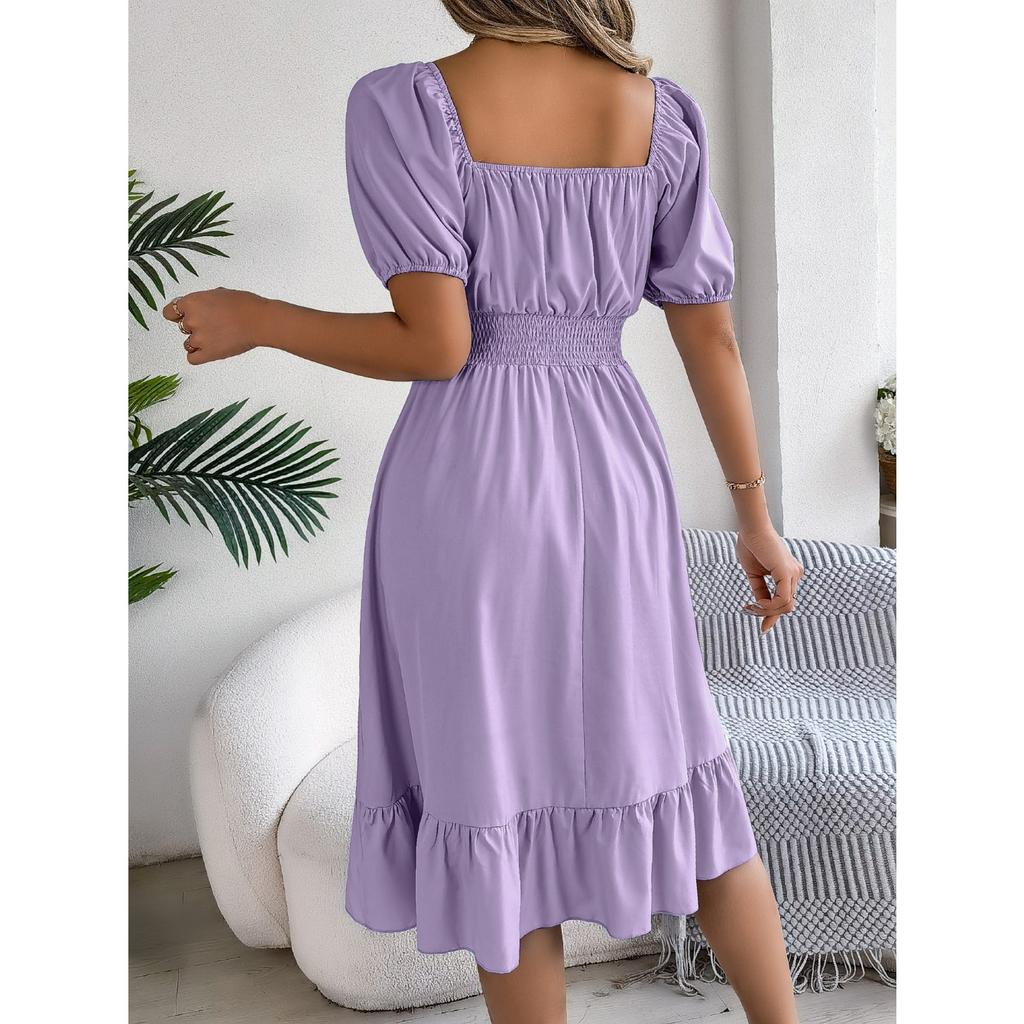 GMXIA Spring and Summer Casual Square-neck Short-sleeved, Waist-cinched, Ruffled A-line Skirt Women's Clothing
