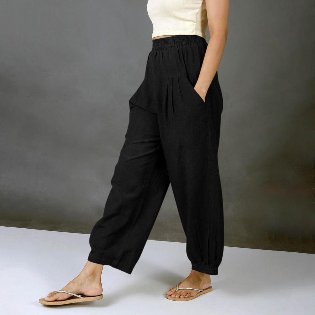 Women's Fashionable Casual -Color Cotton-Linen Trousers With Elastic Waistband And Pockets