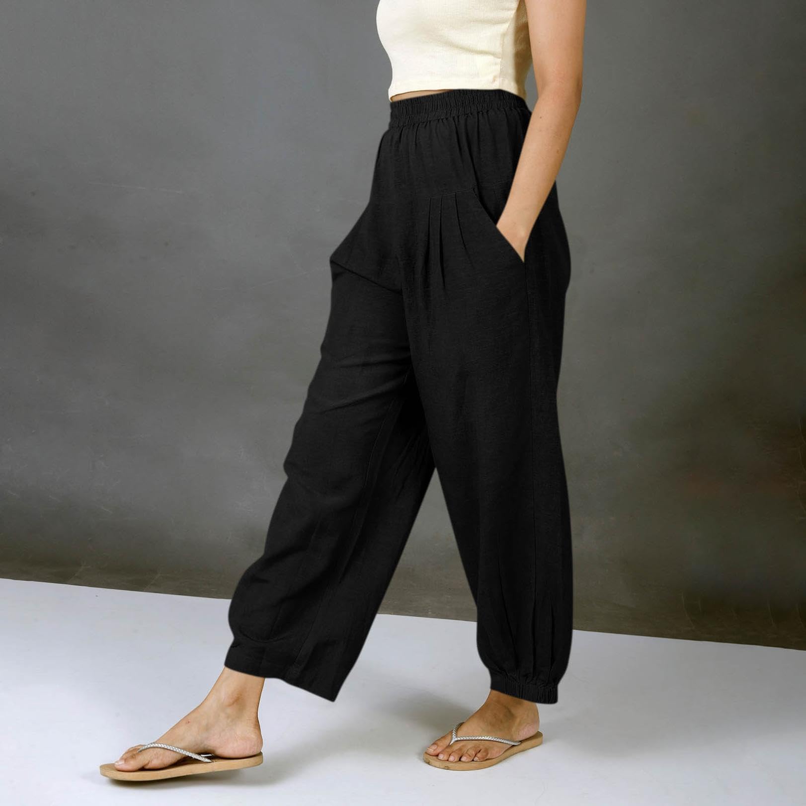 Women s Fashionable Casual -Color Cotton-Linen Trousers With Elastic Waistband And Pockets L