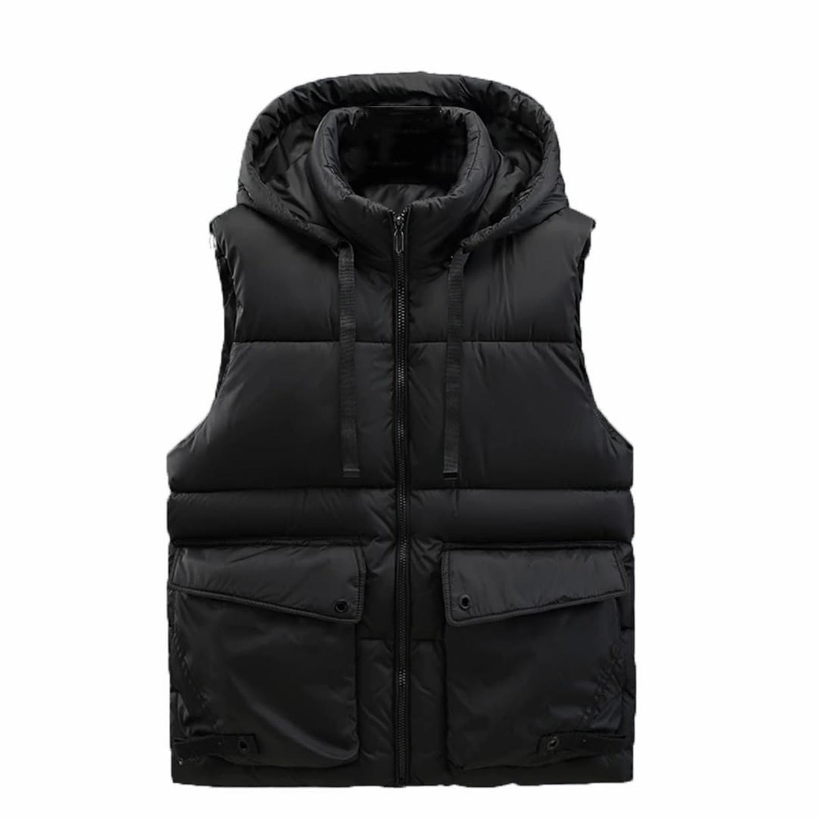 

Men s Stylish Casual Cotton Vests All-Match Sleeveless Thicken Warm With Hood Waistcoat L чёрный