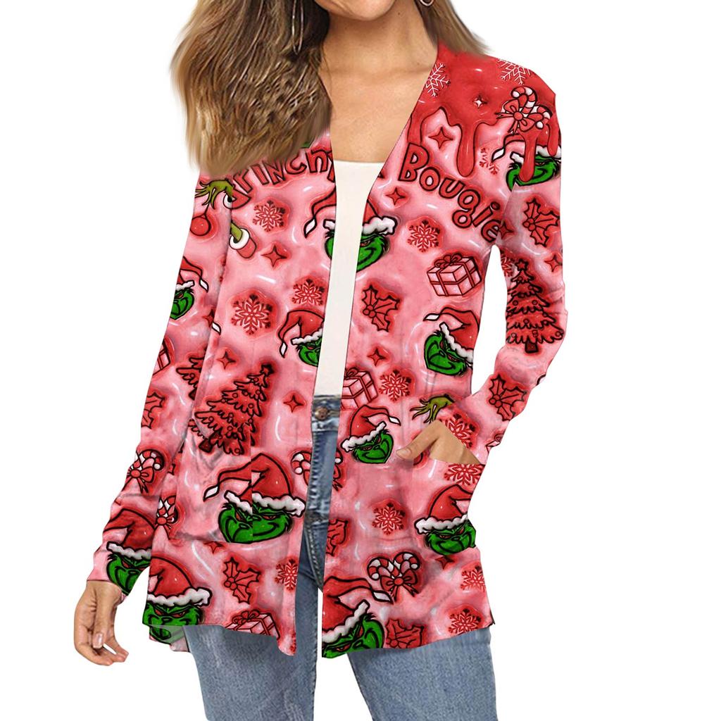 Women's Fashion Christmas Print Long-Sleeved Pocketed Slim-Fit Cardigan Coat