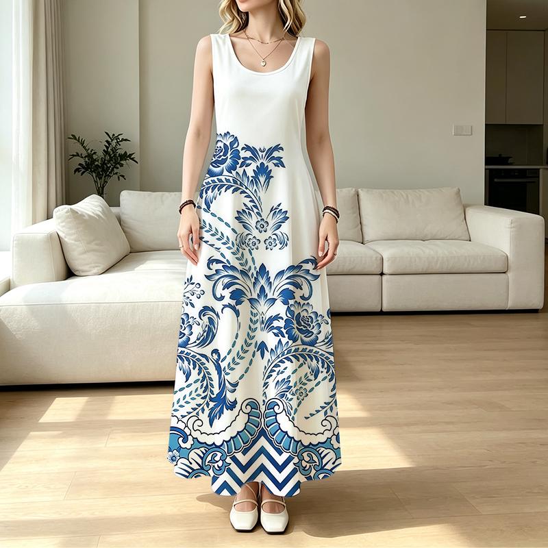 Women’s Blue White Floral Sleeveless Flowy Maxi Dress Soft Comfy Fabric,Versatile Vacation Resort Style,Ideal for Summer Daily Casual Outings