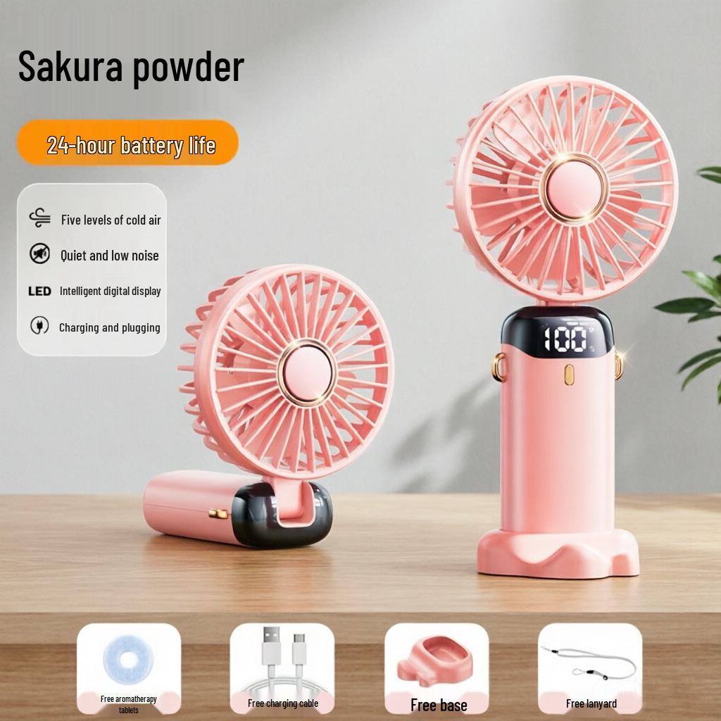 Rechargeable Foldable Mini Handheld Fan with Neck Strap and Digital Display Rechargeable