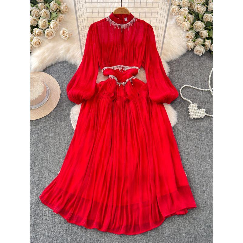 2024 Spring Clothing New Arrival French Fancy Classic Style Western Style Diamond Tassel Pleat and Waisted Long Dress Tide