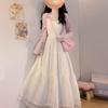White Camisole Dress & Pink Knit Cardigan Set for Female Students - Early Autumn Style