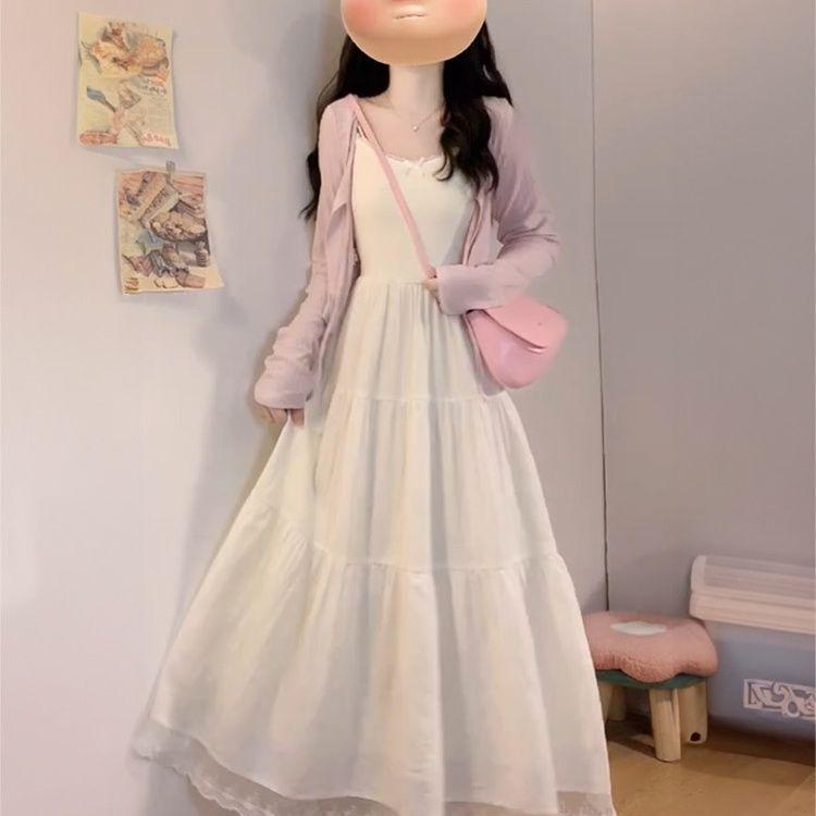 

White Camisole Dress & Pink Knit Cardigan Set for Female Students - Early Autumn Style XXL for 135-150 lbs