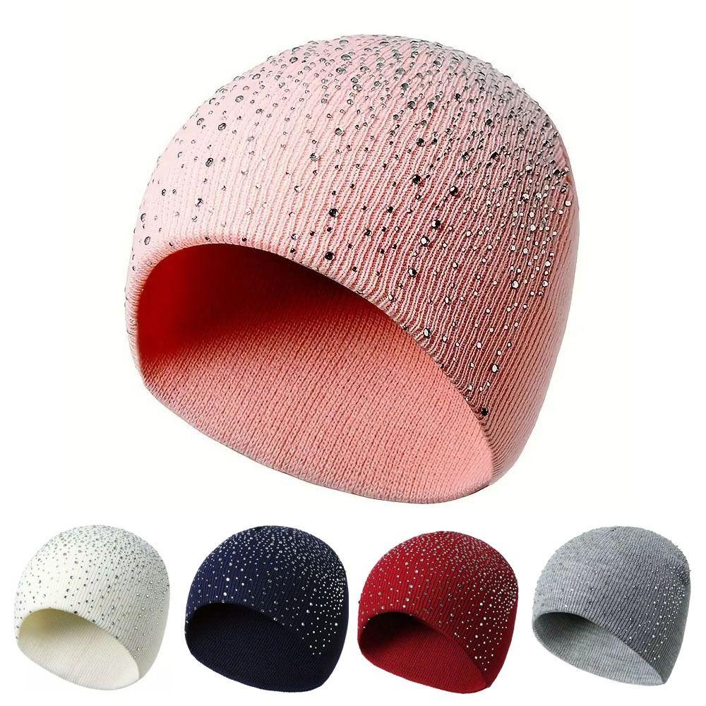 Rhinestone Decor Warm Winter Hat Stretchy Fit Winter Knitted Cap Outdoor Streetwear
