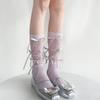 Japanischer Stil Schimmerndes Netz Spleißende Gerippte Über die Wade Socken für Damen Mädchen Niedliche Schleife Schleifenknoten Lange Strümpfe