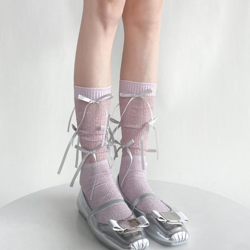 Japanischer Stil Schimmerndes Netz Spleißende Gerippte Über die Wade Socken für Damen Mädchen Niedliche Schleife Schleifenknoten Lange Strümpfe