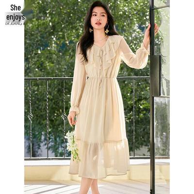 Women's French Style V-Neck Ruffle Midi Dress