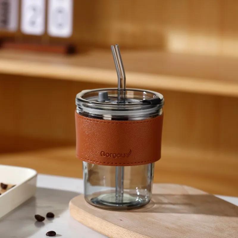 

400 мл с крышкой Бутылка для воды Двойное питьевое горлышко с соломинкой Новый креативный прозрачный стакан для кофе с соломинкой Кружка для кофе Пиво серый