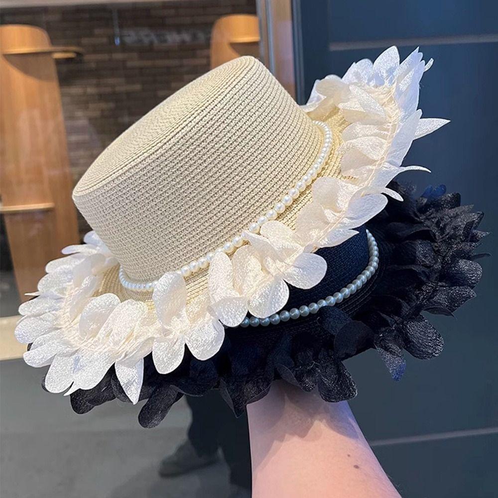 Wide Brim Flat Top Hat Petal Lace Summer Hat New Lace Sun Hat for Beach and Daily Wear