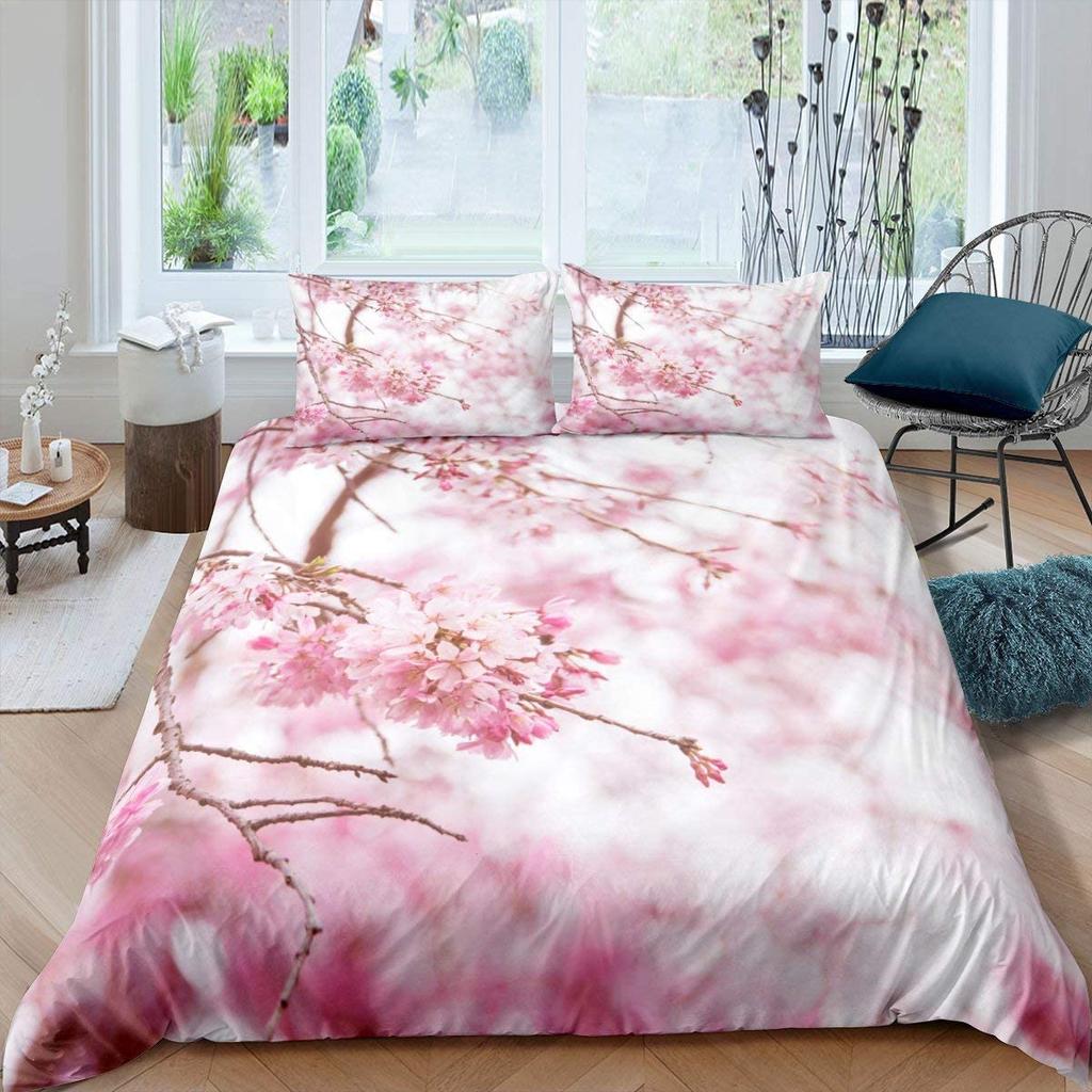 Cherry Blossoms Bedding Set Pink Floral Comforter Cover For Girl Teen Women Petal Flowers Duvet Cover Microfiber Bedspread Cover