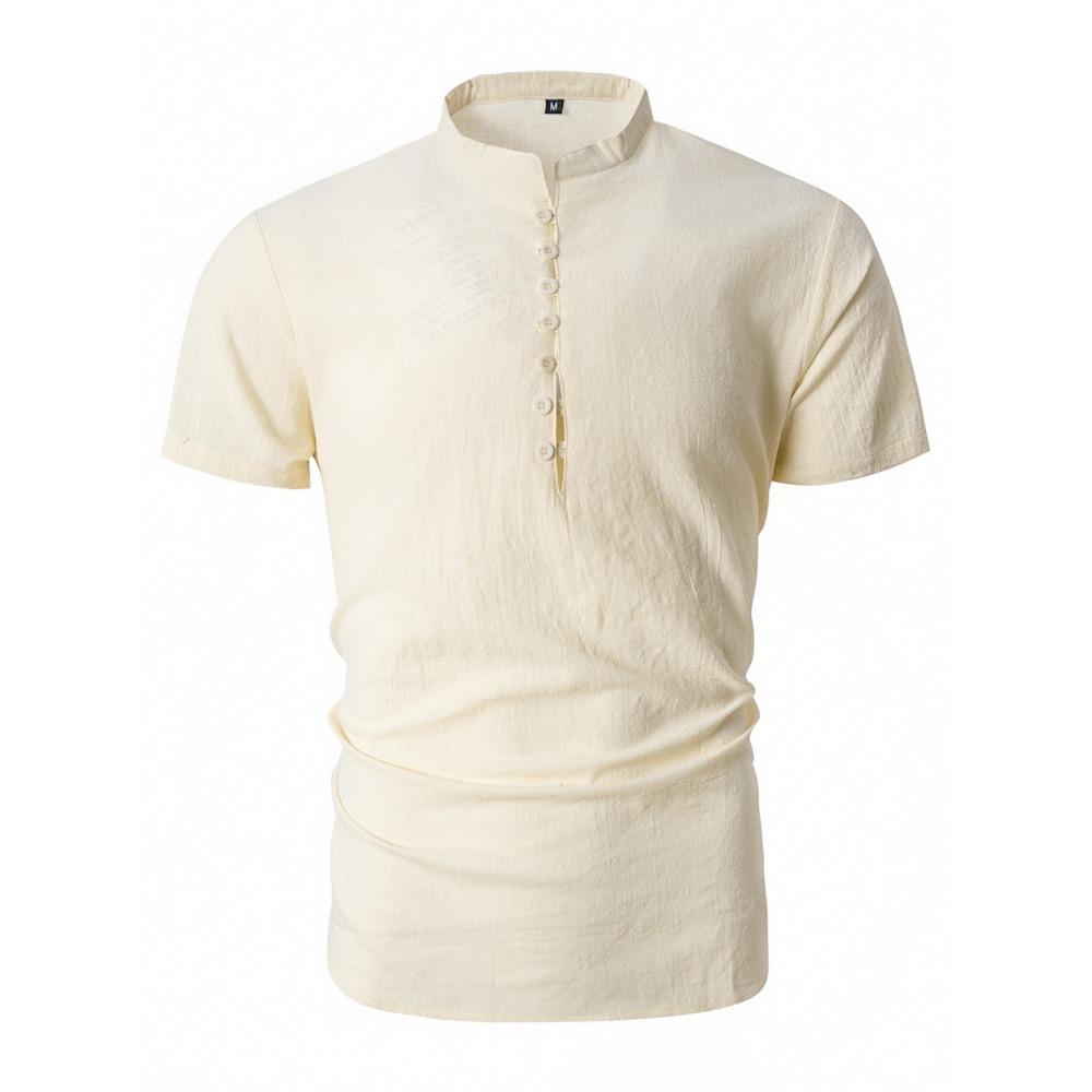 New Men's Retro Cotton Linen Casual Henry Collar Short-sleeved Shirt