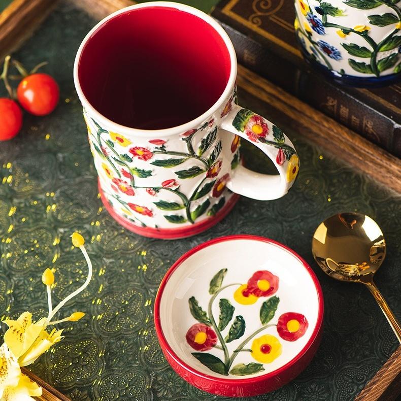 Bohemian Style Raised Floral Mug, Large Capacity Colorful Flower Tea Cup with Handle,3D Embossed Floral Ceramic Mug