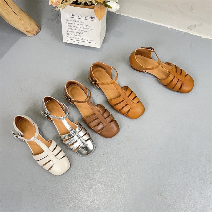 Johnature Handmade Genuine Leather Sandals Versatile Round Toe Buckle Strap Cowhide Flat Women's Shoes