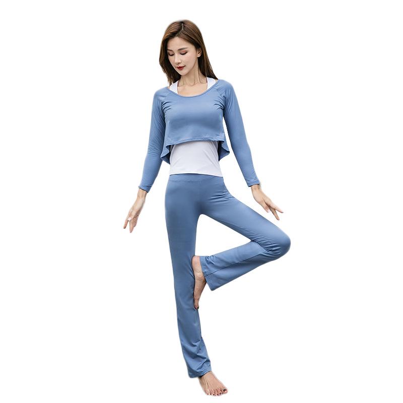 Women's Korean-Style Slimming Yoga Set with Chest Pads - Nude-Feel Double-Sided Brushed Medium-Long Sleeves