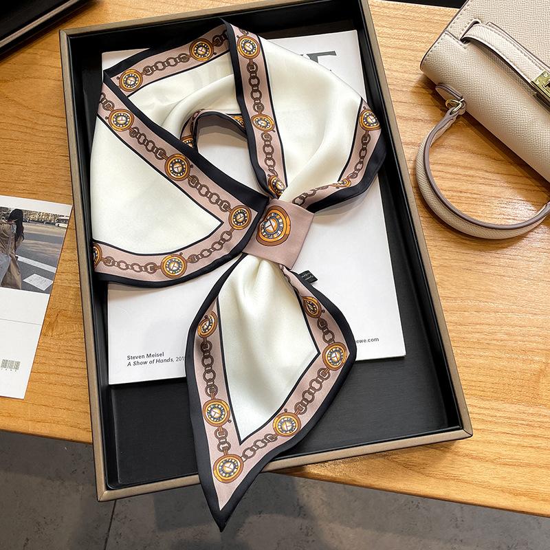 Luxury Spring Summer Ear Silk Scarf Women Striped Print Neckerchief Wrist Towel Korean Style Tie Bag Band Ladies Neck Scarf