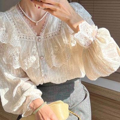 Frühling Sommer Vintage Frauen Shirts Spitze Lolita Elegante Langarm Volant Bluse Büro Dame Mode