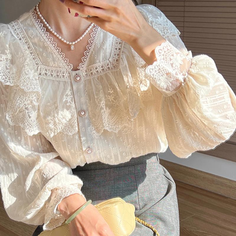 Spring Summer Vintage Women Shirts Lace Lolita Elegant Long Sleeve Flounce Blouse Office Lady Fashion