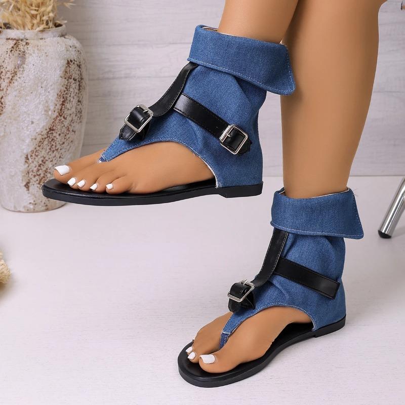 Round Toe Clip Toe Roman Sandals 2026 New Denim Metal Buckle Soft Sole Non-Slip Plus Size Summer High Top Boots