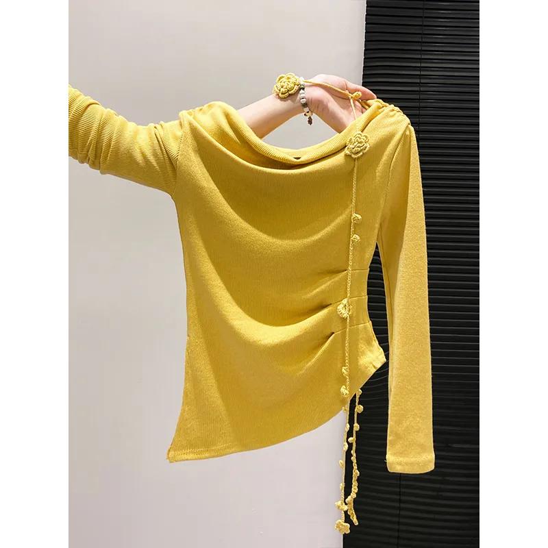 Hot Girl Swing Collar Sloping Shoulder Flower Lace Long Sleeve T-Shirt Women's 2025 Early Autumn New Pleated Waist Bottoming Top