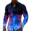 Mens 3d Flame Print Long Sleeve Casual Fashion Hawaiian Shirt