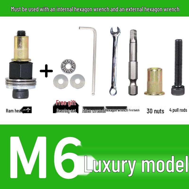Multi-Purpose Electric Rivet Tool with Manual Wrench and Nut Head Attachment