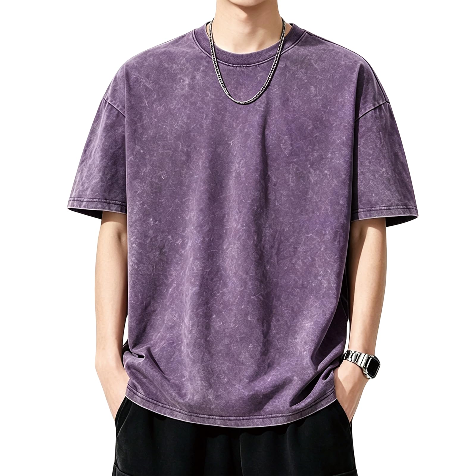 [Kayiyasu] T-shirt à manches courtes pour homme, Vêtement d'été, Uni, Manches trois-quarts, 100% Coton, Tissu épais 8oz, Opaque, Grandes tailles, Coupe décontractée, Col rond