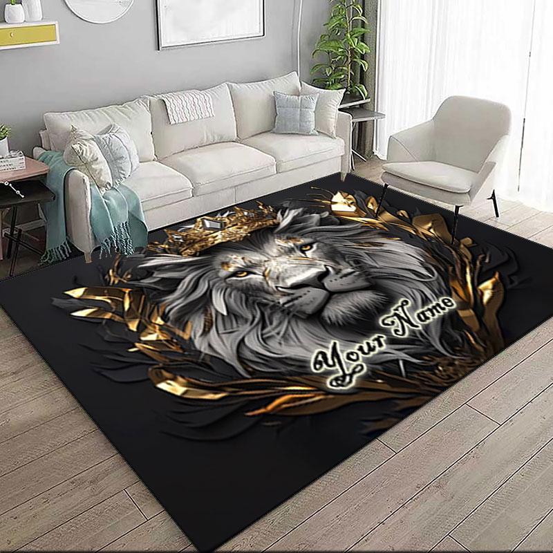 1PC Custom Name Lion Majesty Golden Crown Theme Floor Mat Ideal for Living Room, Game Rooms, Office, Bedroom,Floor Mat Playful Design