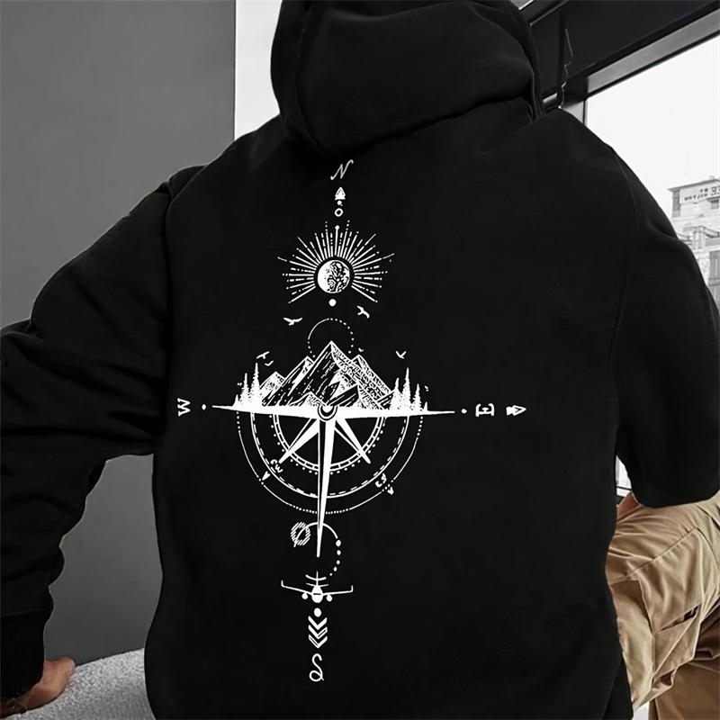 Vintage Compass Print Hoodies for Men High Quality Hooded Long Sleeve Pullover Daily Casual Sports Tops Men's Clothes